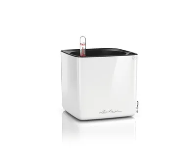 Zdjęcie produktu dla Sadzarka stołowa LECHUZA CUBE Glossy 14 White Highgloss | Sadzarka z nawadnianiem i wkładem na rośliny | Powierzchnia o wysokim połysku | 14 x 14 x 13,5 cm | 13510