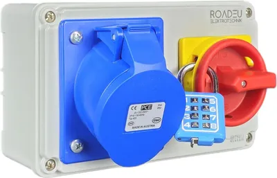 Produktbild von RoadEu - Wandsteckdose mit Hauptschalter 0-1, Steckdose 16A 3P 230V, Einphasige CEE Stromverteiler mit Zugangssperre