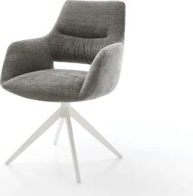 Produktbild von DELIFE Drehstuhl Yago-Flex mit Armlehnen Bouclé Soft Schlamm Kreuzgestell breit Weiß 360° drehbar Wippfunktion Taschenfederkern