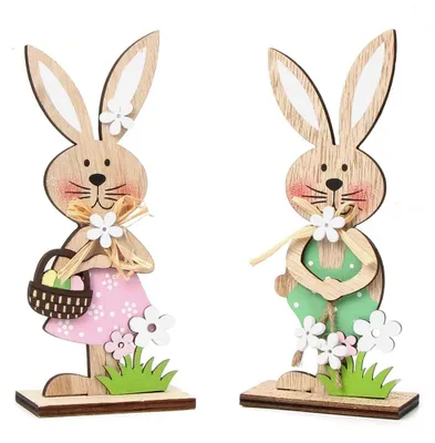 Osterhasen-Deko aus Holz, Paar mit Blumen, 18,5 cm