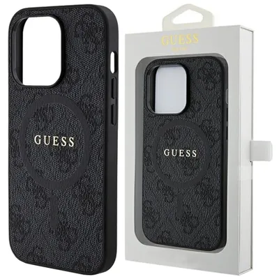 A black Guess phone case is shown next to its packaging.