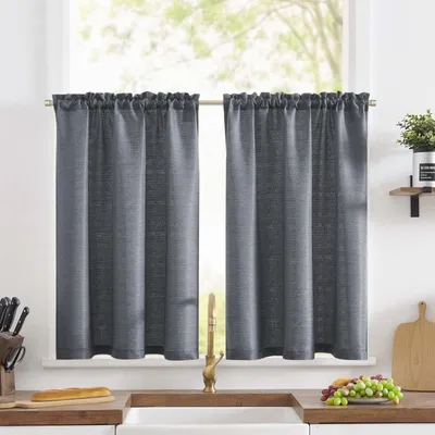 Küchengardinen im Leinenlook, Jacquard, 90x90 cm, grau, 2er-Set