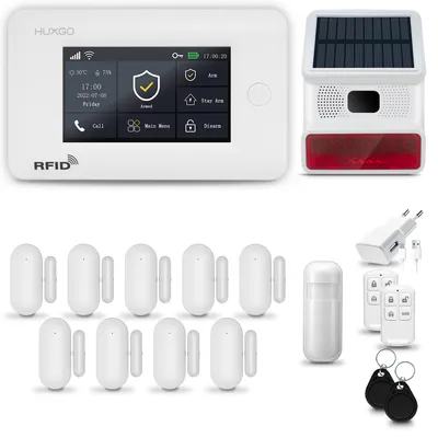 Image de Système d'alarme domestique HUXGO HXA006, GSM 4G + Wi-Fi, avec sirène sans fil, pour appartement, maison, garage, comprenant 1 détecteur de mouvement et 9 détecteurs de porte/fenêtre