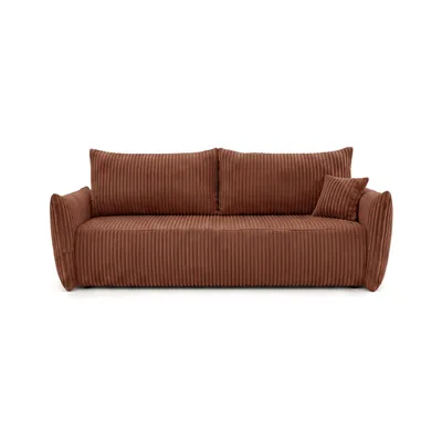 Produktbild von Sofa MELIO mit Schlaffunktion und Bettkasten – modernes Schlafsofa aus Cord für Wohnzimmer und Gästezimmer, bequemes 3-Sitzer Bettsofa, Kupfer