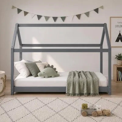 Produktbild von Homestyle4u Kinderbett 90x200 Kinderhaus Hausbett Holzbett Grau mit Matratze mit ® Standard 100