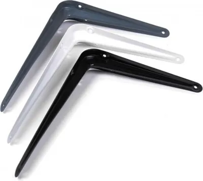 Three shelf brackets in different colors (gray, white, and black) are arranged diagonally on a white background.