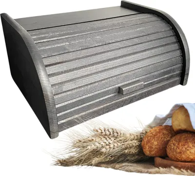 Produktbild von SEVICO Schwarz Brotkasten Holz | 40 cm x 27.5 cm x 18.5 cm | Perfekte BrotBox für Brot Brötchen Kuchen | Brotkiste mit Roll-Deckel | A006-008-CZ