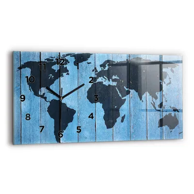 Produktbild von Wallfluent Wanduhr – Stilles Quarzuhrwerk - Uhr Dekoration Wohnzimmer Schlafzimmer Küche - Zifferblatt - schwarze Zeiger - 60x30 cm - Weltkarte