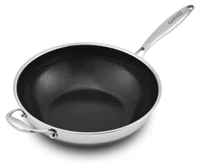 Produktbild von Tri‑Ply 316 Edelstahl - Wokpfanne/Bratpfanne - Beidseitige Wabenstruktur Antihaft - 33 cm - 4–5 L - Für Gas & Induktion - Ohne Deckel