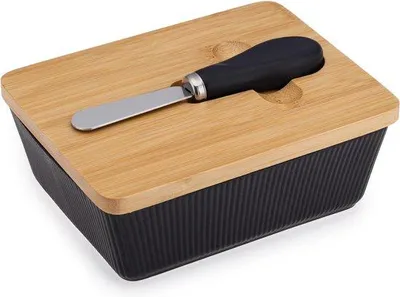 Produktbild von Keramische Zwilling-Bamboe-Botervloot in Schwarz, 155 x 119 x 58 cm, mit Abdeckung und Messer