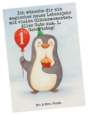 Produktbild von Mr. & Mrs. Panda Ansichtskarte 1. Geburtstag Pinguin Luftballon Design - Weiß - Geschenk, Postkarte, Ansichtskarten, Grußkarte, Kunstkarten, Geburtstagsfeier, Postkarten
