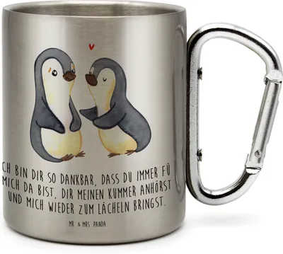 Produktbild von Mr. & Mrs. Panda Isolierbecher Pinguine trösten - Transparent - Geschenk, Campingtasse, Teebecher, für Partner, Freundin, Teetasse, Freund, Hochzeitstag, thermotasse