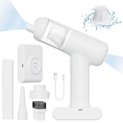 A white cordless vacuum cleaner with various attachments and accessories is displayed against a white background. The image also shows illustrative elements, such as blue lines indicating airflow and a depiction of a filter with water splashes.