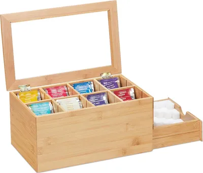 Productafbeelding van Famanu Teebox met 8 compartimenten en verstelbare scheidingswanden - bamboe, naturel