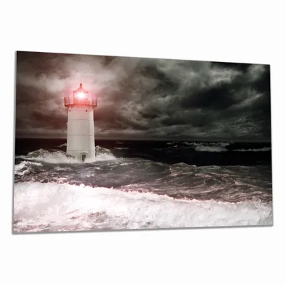 Produktbild von Wallario Herdabdeckplatte aus Glas, Größe 80 x 52 cm 1-teilig, Motiv Leuchtturm im Wasser bei stürmischer See