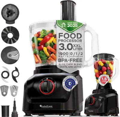 Obrázok produktu pre TurboTronic kuchynský robot 1900 W – FP900 – multifunkčný Food Processor so stojanovým mixérom, misa 3 l, sklenená nádoba 1,5 l, strúhacie disky, citrusovač, sekáčik, drvič ľadu, vysoký výkon