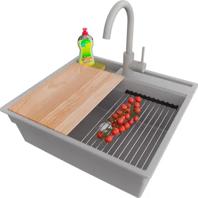 Produktbild von PRIMAGRAN Granitspüle Grau 58x53cm, Spülbecken 1 Becken + Küchenarmatur 32x20cm + Ablauf-Set + Küchenzubehörset, Küchenspüle ab 60er Unterschrank - Oslo Pocket