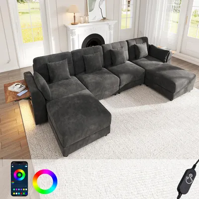 Produktbild von Merax Modulares U-/L Ecksofa, 6-Sitzer mit 2 Hockern, LED Ambientebeleuchtung, Klapptisch Armlehne, Chenille Sofa mit 6 Kissen, Wohnlandschaft, Grau