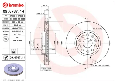 Produktbild von 2x BREMBO 09.6767.11 Bremsscheibe Vorderachse