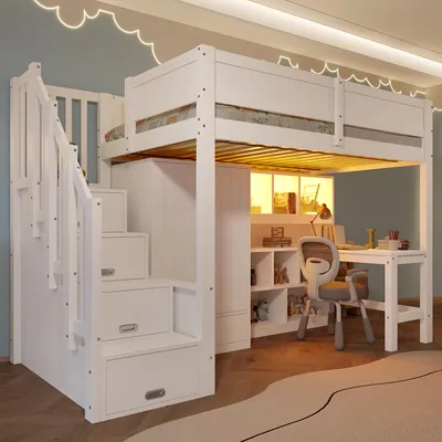 A white loft bed with integrated desk, shelves, and stairs in a child's room.