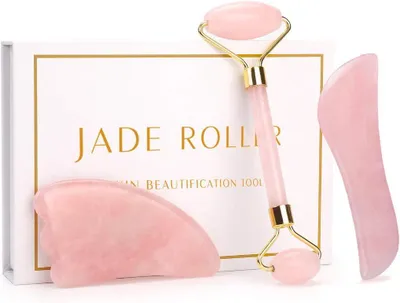 Produktbild von Gesichtsroller-Set, bestehend aus 3 Jade-Rollern, natürliches Rosenquarz-Anti-Aging-Gerät für Gesicht, Hals und Augen, inklusive Verpackung