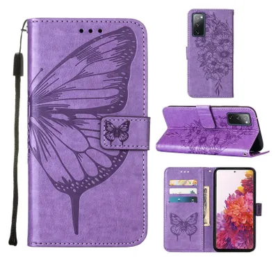 Produktbild von Galaxy S20 FE 4G Hülle, Schmetterling Prägung Flip Leder Kartenfächer Schutzhülle Ledertasche mit Ständer für Samsung Galaxy S20 FE 4G / 5G Violett