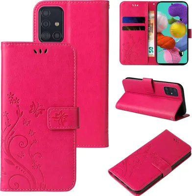 Produktbild von Handyhülle für Samsung Galaxy A51 Floral Blumen Schmetterling Flip Cover Hülle Case Klapphülle Handytasche Farbe: Pink