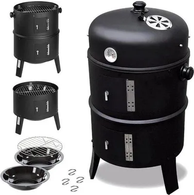 Produktbild von Famanu Holzkohlegrill mit Deckel - Smoker Kugelgrill und Holzkohle - 40x72cm - BBQ Camping Grill + Zubehör - Schwarz