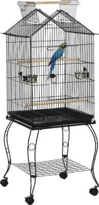 Image de Cage pour oiseaux, 3 portes, 2 distributeurs de nourriture, noir, 50x58x145 cm
