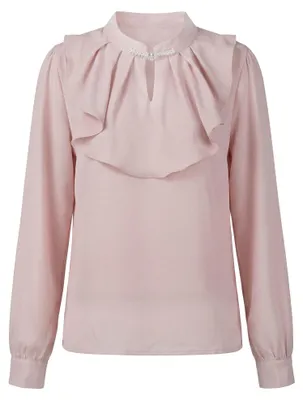 Produktbild von Damen Bluse rosa mit Stehkragen, langen Ärmeln und zarten Rüschen Gr. S