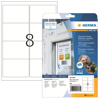 Produktbild von HERMA 4575 Wetterfeste Folienetiketten ablösbar, 20 Blatt, 99,1 x 67,7 mm, 8 pro A4 Bogen, 160 Stück, selbstklebend, bedruckbar, matt, blanko Klebeetiketten Aufkleber aus Folie, weiß