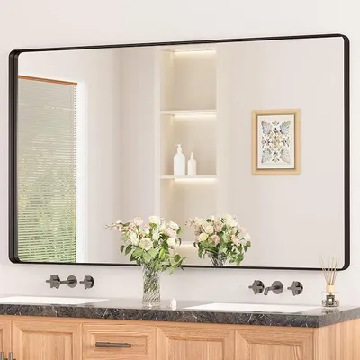 Imagen del producto de Espejo de pared, color , 152x90 cm. Espejo de baño con marco de metal, de vidrio templado, rectangular. Ideal para pasillos, baños, salones y dormitorios. Decoración de pared