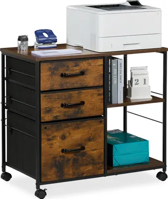 Produktbild von Relaxdays Rollcontainer, 3 Schubladen, Hängeregister, Industrial-Design, HBT: 68x75x40 cm, Aktenschrank, braun/schwarz