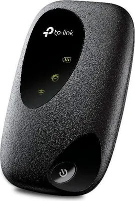 A black TP-Link M7000 mobile WiFi router is shown against a white background.
