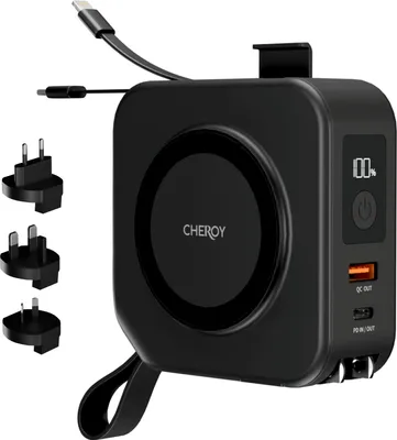 Produktbild von CHEROY ChargePack Multi - 5 in 1 Travel Power Bank - 10.000mAh Kabelloses Ladegerät - Weltstecker - Reisestecker - Schnellladegerät - MagSafe kompatibel - Schwarz