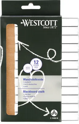 Produktbild von Westcott Kreide 12 Stück Weiss | 12er Pack Tafelkreide mit 1,2cm ⌀ in deckendem Weiss | staubarm & leicht abwischbar | 8,5cm lange Kreidestifte | E-744982 00