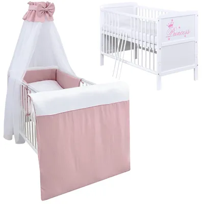 Produktbild von Baby-Delux Babybett Kinderbett Natalie Princess 70x140 Weiß mit Matratze Komplett Bettset Musselin rosa