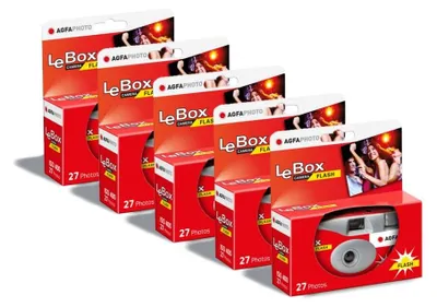 Produktbild von AGFA Photo 601020 LeBox Flash, Einwegkamera, 27 Fotos, optisches Objektiv 31 mm, Grau und Rot, 5er – Grau / Rot