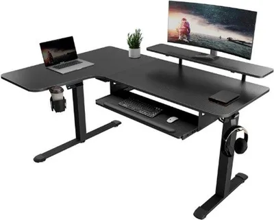Image de Bureau gaming en L à réglage électrique – 155 x 110 cm – double moteur – plateau réglable en hauteur avec mémoire de position et système de gestion des câbles – noir