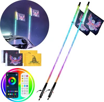 Produktbild von VEVOR 2 Stk. Peitschenlicht, LED-Peitschenlicht mit APP- und RF-Fernbedienung, 121,92 cm Wasserdichte 360°-Spiral-RGB-Peitschen mit Beleuchtung und 4 Flaggen, für UTVs, ATVs, Motorräder