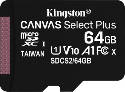 Produktbild von Kingston Technology Canvas Select 64GB micSDXC Plus 100R A1 C10 Speicherkarte + Adapter, 64 GB, MicroSDXC, Klasse 10, UHS-I, 100 MB/s, Class 1 (U1)