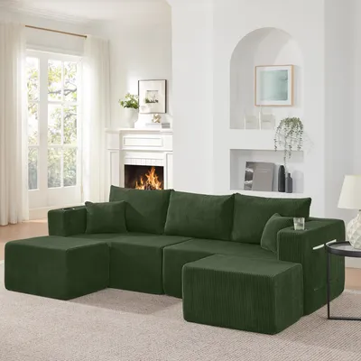 Produktbild von STILVORA Ecksofa 3-Sitzer in L-Form mit beweglichen Ottomanen,Modulares Sofa mit Cordstoff und Getränkehalter,Wohnlandschaft mit Seitentasche und Kissen