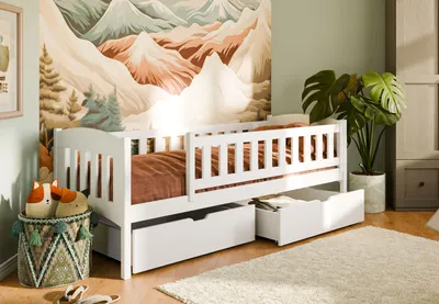 Produktbild von Kinderbett Einzelbett 90x200 mit zwei Schubladen, Rausfallschutz, Lattenrost, aus Vollholz massiv in weiss, Funktionsbett Jugendbett - verfügbar in vier Farben