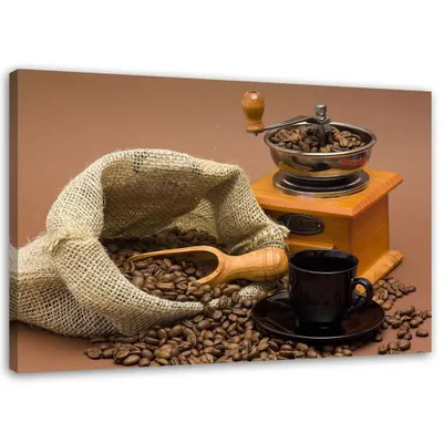 Produktbild von Leinwandbild kaffeemühle und kaffeebohnen 60x40 cm Feeby braun wandbild bereit zum aufhängen