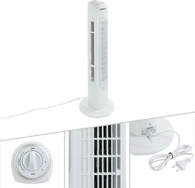 Produktbild von Wentylator wieżowy AREBOS, wentylator stojący, 50 W, oscylacja 60°, 3 poziomy prędkości, wentylator z uchwytem do przenoszenia, biały, cichy