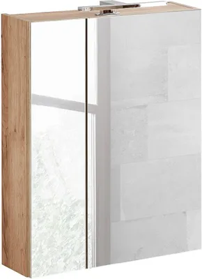 A bathroom cabinet with a wooden side and mirrored doors.