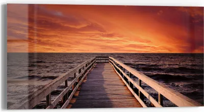 Produktbild von DEQORI Glasbild Echtglas 60x30 cm 'Steg ins Abendrot' Wandbild Bild modern Deko