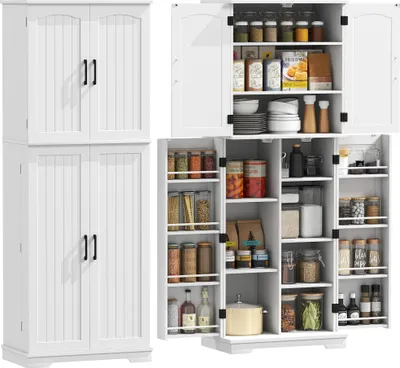 Produktbild von ZMH Hohes Küchenbuffet Küchenschrank 4 Türen 10 Fächer 8 Gewürzregale und verstellbare Einlegeböden 60 x 35 x 162 cm Weiß