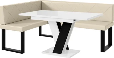 Produktbild von MEBLINI Eckbank für Esszimmer mit ausziehbarem Tisch  - Küchenbank - Essecke - Sitzecke Küche - ERIC - U-Beine 128x168x87cm Links - Creme Kunstleder/M Weiß-Schwarz Hochgl.