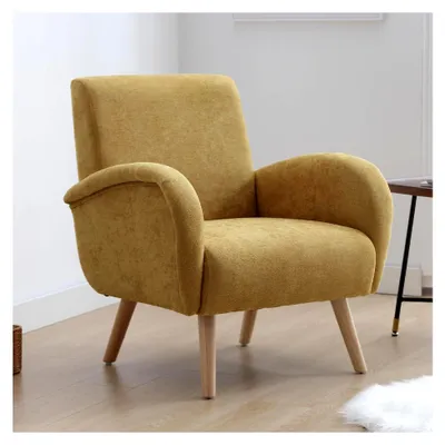 Produktbild von Chenille Loungesessel Ohrensessel für Wohnzimmer Polstersessel Einzelsofa für Schlafzimmer Akzentstuhl Relaxsessel mit Holzbeinen (Gelb)